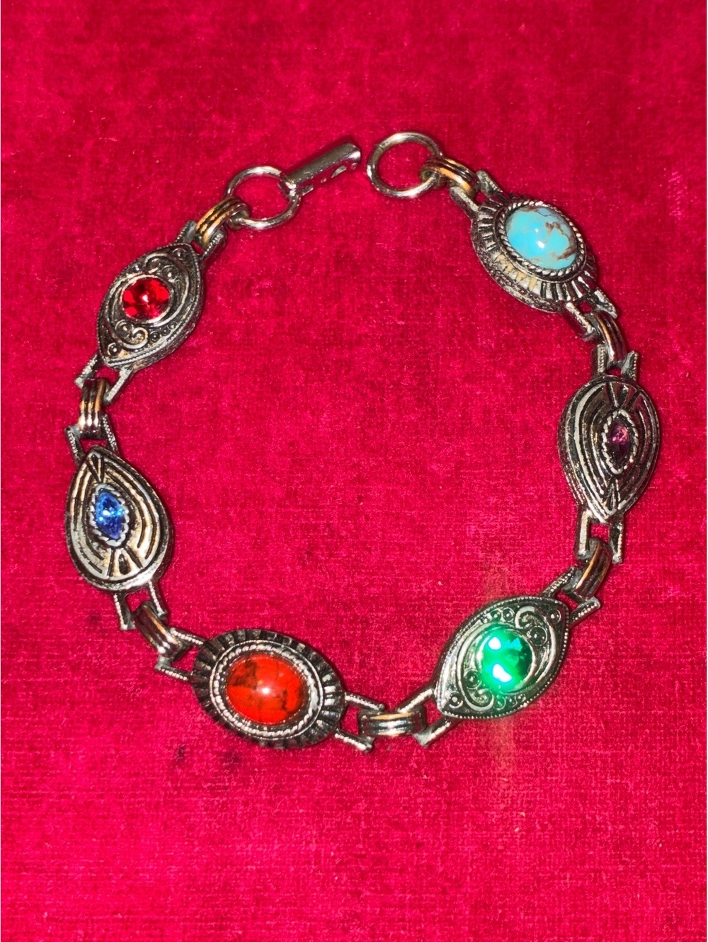 Vintage Signed Sarah Coventry Silver-Tone Multi-Color Stone Link Bracelet